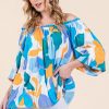 Abstract Print Off-the-shoulder Long Sleeve Top - Blue Multi