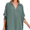 Airflow Collar Tee with Smocked Sleeve Band Top - Ash Jade