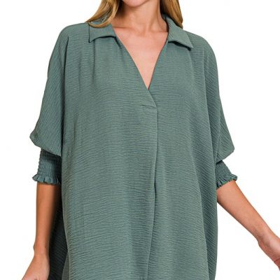 Airflow Collar Tee with Smocked Sleeve Band Top - Ash Jade