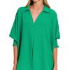 Airflow Collar Tee with Smocked Sleeve Band Top - K Green