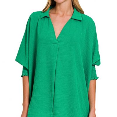 Airflow Collar Tee with Smocked Sleeve Band Top - K Green