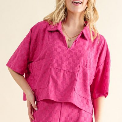 Brushed Texture Checker Board Pattern Casual Top - Fuchsia