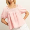 Crochet Detail Puff Sleeve Peasant Top - Baby Pink