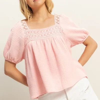 Crochet Detail Puff Sleeve Peasant Top - Baby Pink