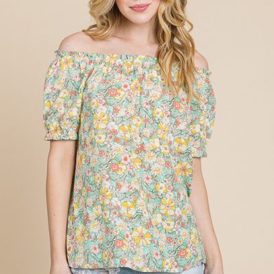 Floral Print Short Sleeve Off-The-Shoulder Blouse - Mint Combo