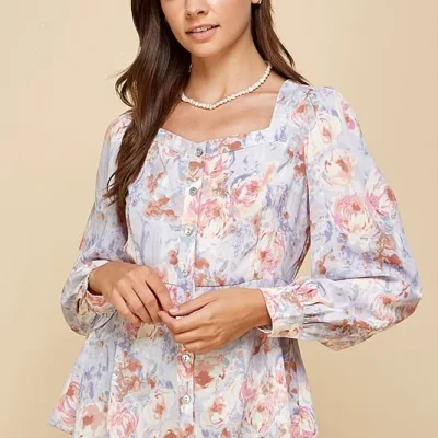Floral Sweetheart Neckline Button Down Blouse - Purple
