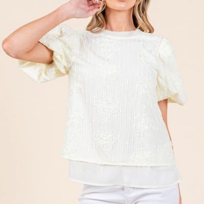 Floral Textured Puff Sleeve Top - Cream