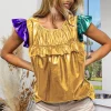 Foiled Knit Color Block Short Sleeve Ruffled Top - Gold/Purple/Hunter