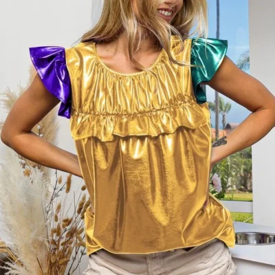 Foiled Knit Color Block Short Sleeve Ruffled Top - Gold/Purple/Hunter