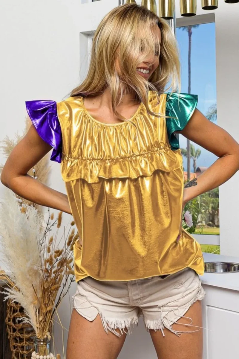 Foiled Knit Color Block Short Sleeve Ruffled Top - Gold/Purple/Hunter