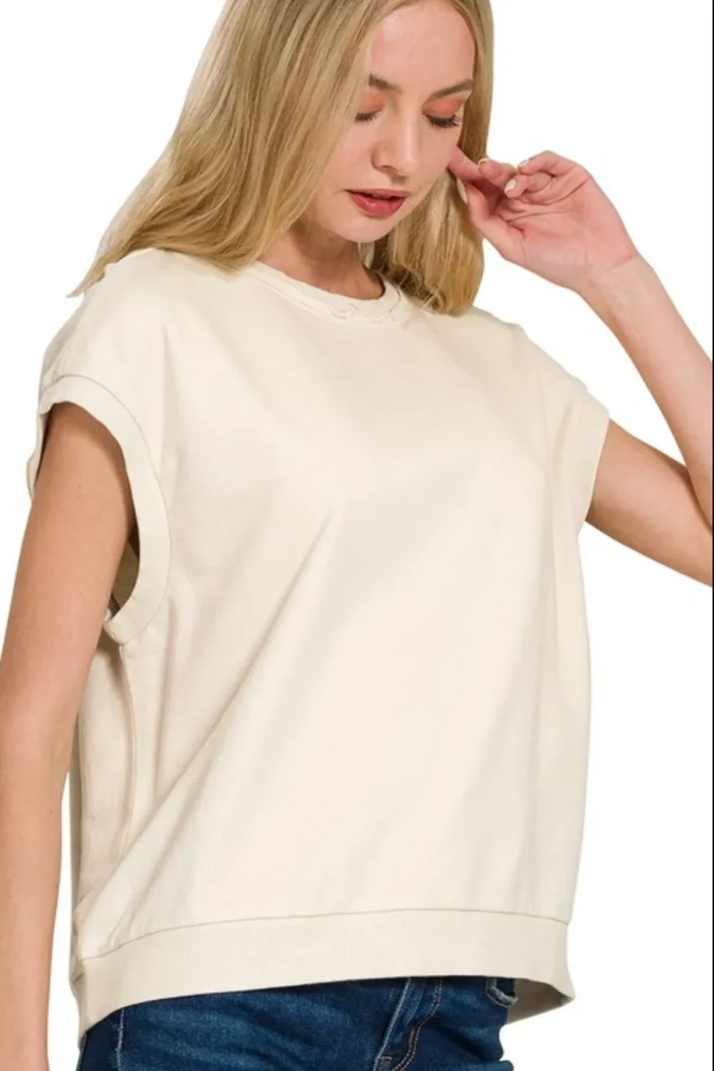French Terry Round Neck Cap Sleeve T-Shirt - Bone