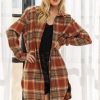 Full Size Button Down Flannel Shacket Plus Size - Rust