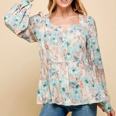 Full Size Floral Sweetheart Neckline Button Down Blouse Plus Size - Taupe/Teal