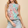 Full Size Graphic Print Ruffle Trim Mock Neck Sleeveless Top Plus Size - Lt Grey
