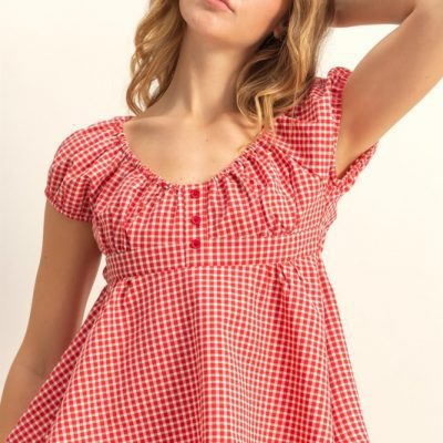Gingham Scoop Neck Cap Sleeve Blouse - Red