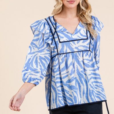 Graphic Print Solid Trim Quarter Sleeve Blouse - Blue