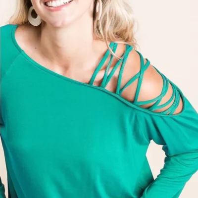 Jersey Knit One Shoulder Top with Criss Cross - Teal Green