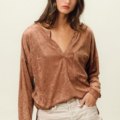 Loop Terry Solid V Neck Pocket Top - Camel