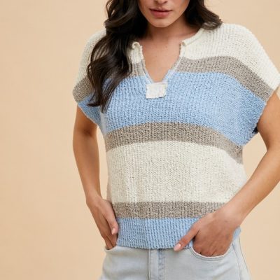 Low Gauge Color Block Textured Sweater Top - Ivory/Denim Blue