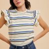 Multi Stripe Ruffle Sleeve Textured Knit Top - Ivory