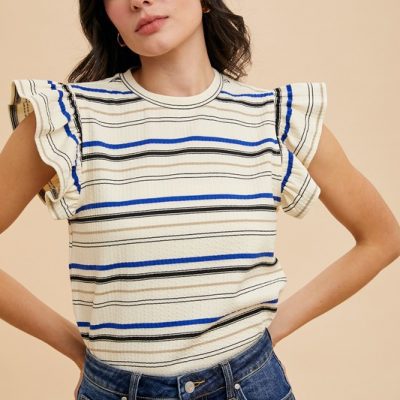 Multi Stripe Ruffle Sleeve Textured Knit Top - Ivory
