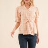 Plaid Patterned and Ruffled Wrap Blouse Top - Salmon