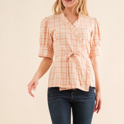 Plaid Patterned and Ruffled Wrap Blouse Top - Salmon