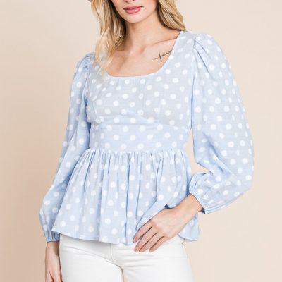 Polka Dot Print Balloon Sleeve Babydoll Peplum Top - Lt Blue