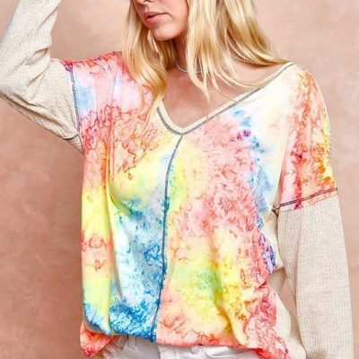 Print Block V Neck Top with Contrast Stitching - Tie Dye