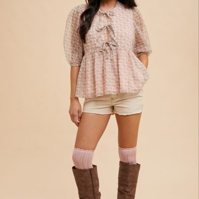 Printed Front Tie Closure Babydoll Blouse - Pink