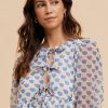 Printed Front Tie Closure Babydoll Blouse - Royal