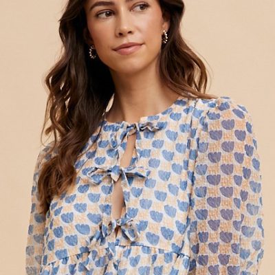 Printed Front Tie Closure Babydoll Blouse - Royal