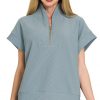 Ribbed High Neck Half Zip Top - Blue Grey