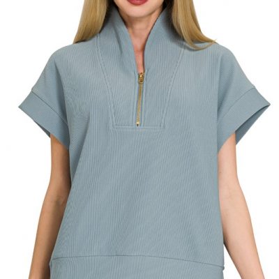 Ribbed High Neck Half Zip Top - Blue Grey