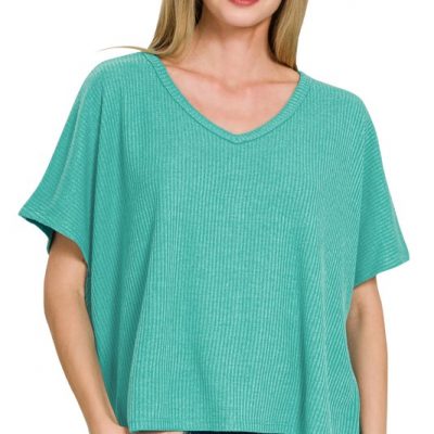 Ribbed V-Neck Short-Sleeve Knit Top - Lt Teal