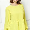 Round Neck Ruffle Hem Balloon Sleeve Blouse - Lime