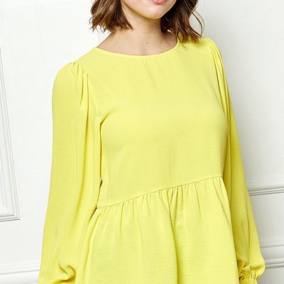 Round Neck Ruffle Hem Balloon Sleeve Blouse - Lime