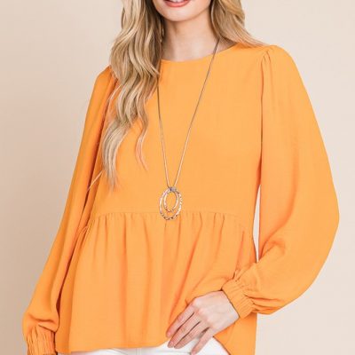 Round Neck Ruffle Hem Balloon Sleeve Blouse - Orange