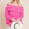 Ruffled Trumpet Sleeve Off-The-Shoulder Top - Fuchsia
