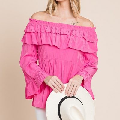 Ruffled Trumpet Sleeve Off-The-Shoulder Top - Fuchsia