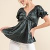 Satin Leopard V Wired Puff Sleeves Blouse - Teal