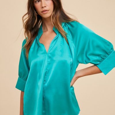 Satin V Neck Open Short Sleeve Woven Blouse Top - Emerald