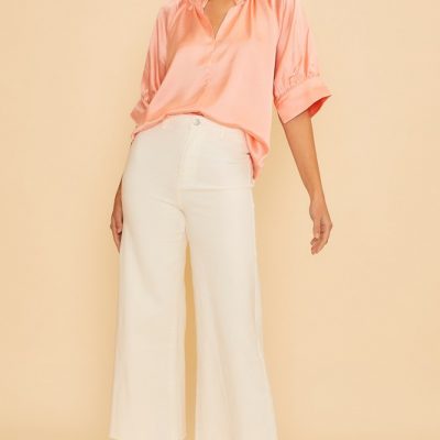 Satin V Neck Open Short Sleeve Woven Blouse Top - Peach