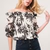 Smocked Off-Shoulder Floral Printed Top - Black Cream