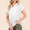 Textured Half Zip Cap Sleeve Contrast Top - White