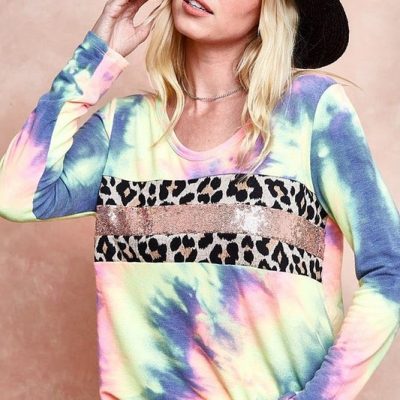 Tie Dye Deep U-neck Top with Leopard and Sequins - Charcoal Tiedye