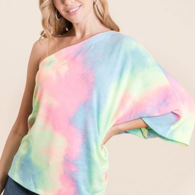 Tie Dye French Terry One Shoulder Top with Dolman - Pastel Tie Dye