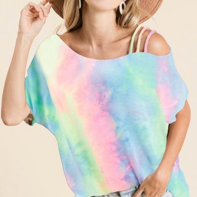 Tie Dye French Terry Strapped One Shoulder Top - Pastel Tiedye