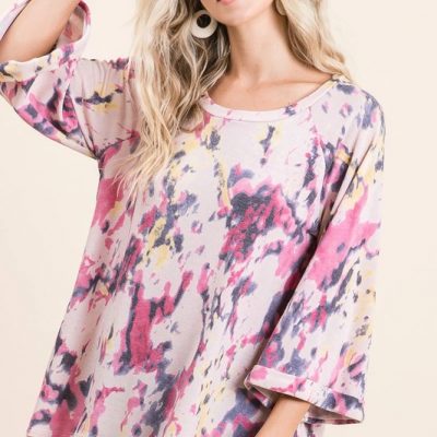 Tie Dye Print Terry A Line Top with Bell Sleeves - Pink Multi