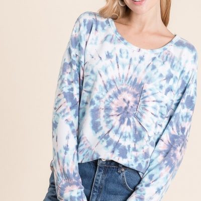 Tie Dye Print Terry Top with Front Patch Pocket - Blue/Blush